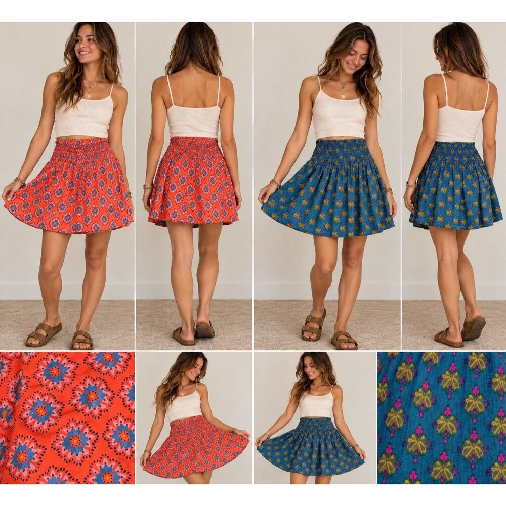 Natural Life Reversible Skirt S Floral Smocked Waist Boho Cotton India Coquette